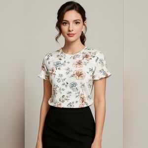 Shein XS Floral Ruffle Sleeve Blouse Top – Pink Green Spring Summer Dressy